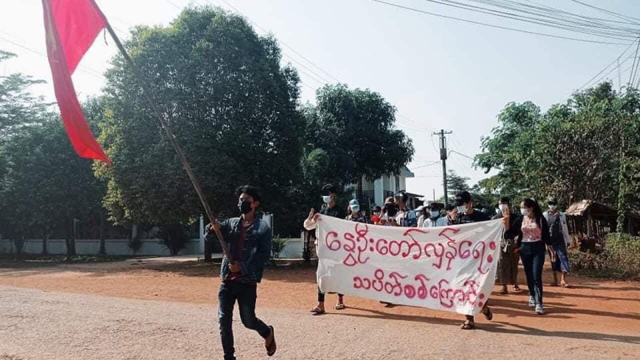A peaceful protest in Myanmar's Bago after a reported mass killing of civilians on 9 April.