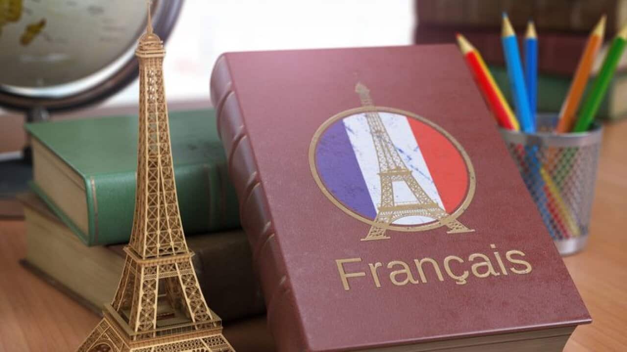 Learn and studiyng French concept. Book with French flag and Eiffel tower on the table.