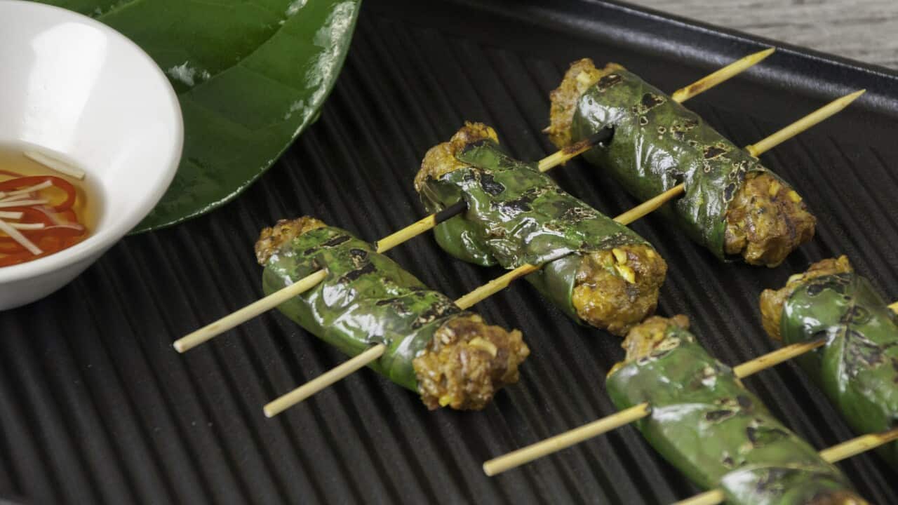 Lemongrass beef in betel leaves