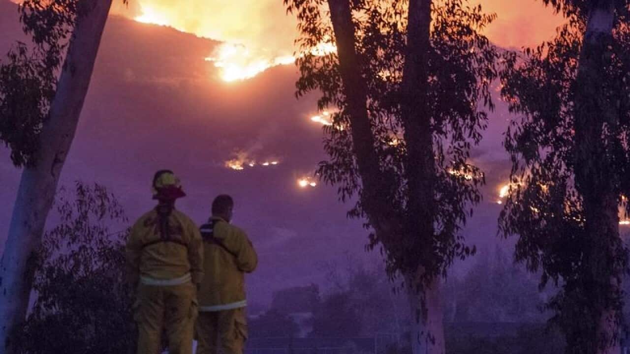 Cal-Fire firefighters keep watch on a wildfire blaze