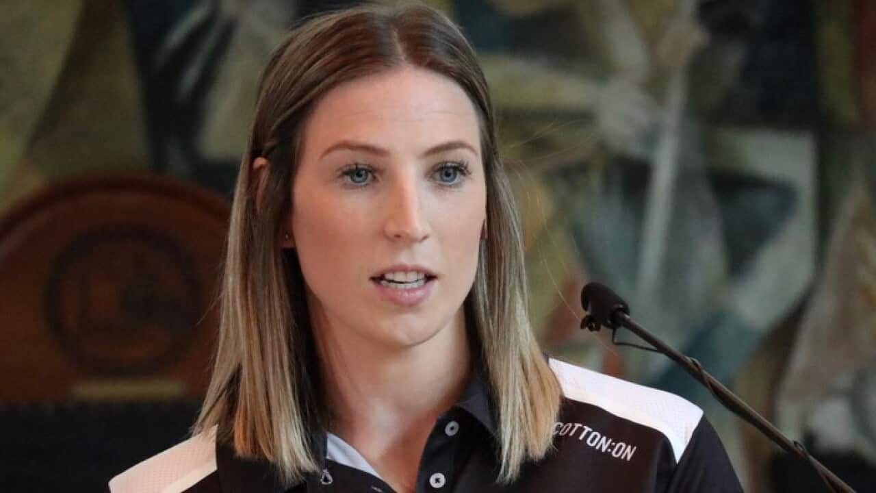 AFLW Collingwood player Amelia Barden speaks with the media at a press conference launching Australia's new five-year asthma strategy and action plan at Monash University in Melbourne, Wednesday, January 31, 2018. (AAP Image/Alex Murray) NO ARCHIVING