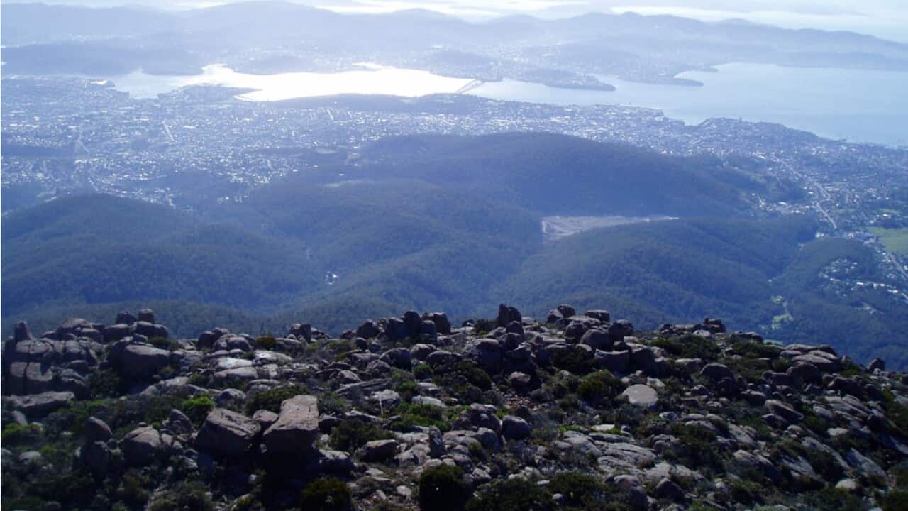 Hobart and the Derwent Bridge seen from the top of kunanyi/Mount Wellington.