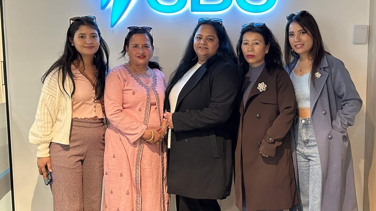 (From left to right) Saubhagya Pandey, Ambika Pandey, Ranju Regmi, Leela Thapa and Lalisha Thapa visited SBS studios in Melbourne on Tuesday, 7 May 2024 to talk about Mother's Day.