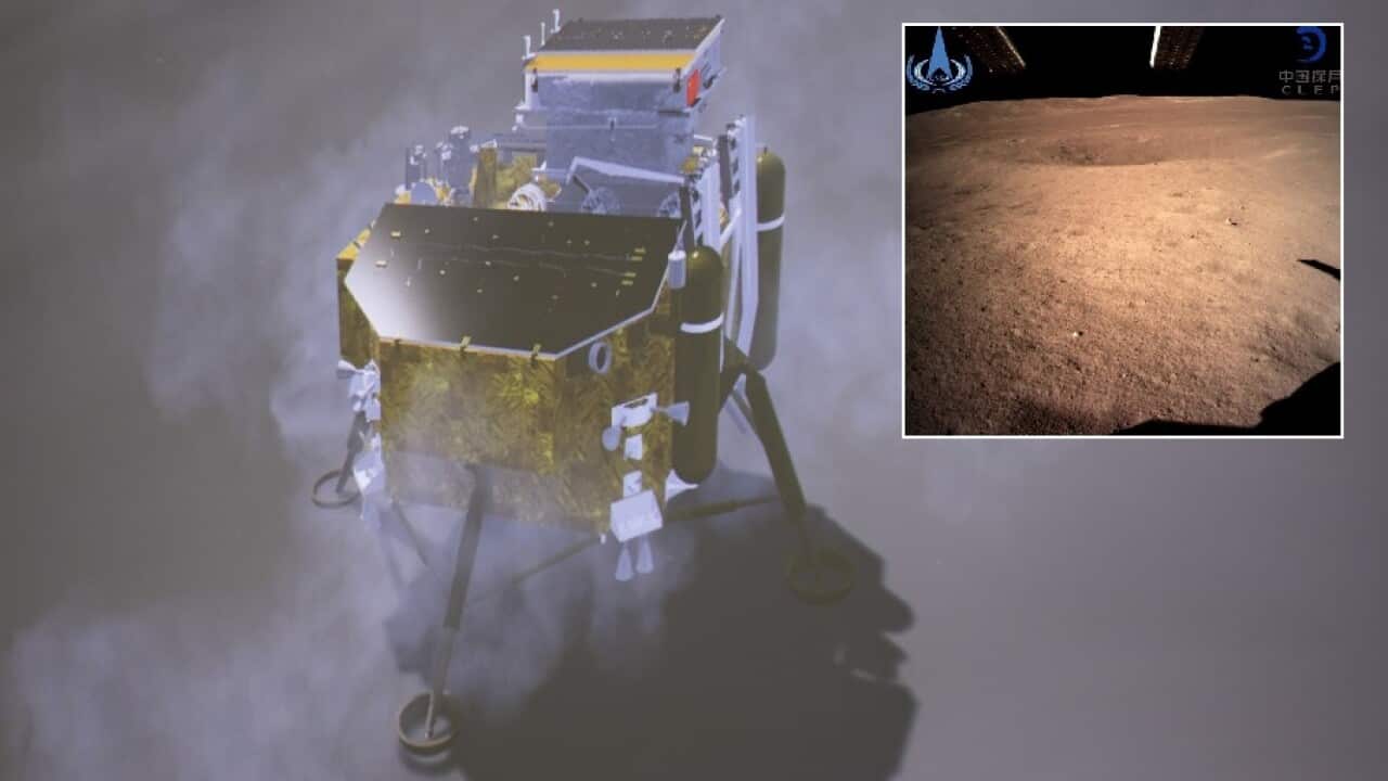 The Chang'e 4 rover has sent its first photo from the far side of the moon.