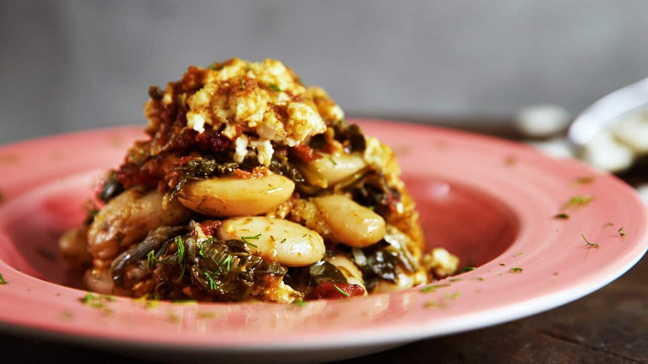 Messinia-style giant beans with spinach and feta