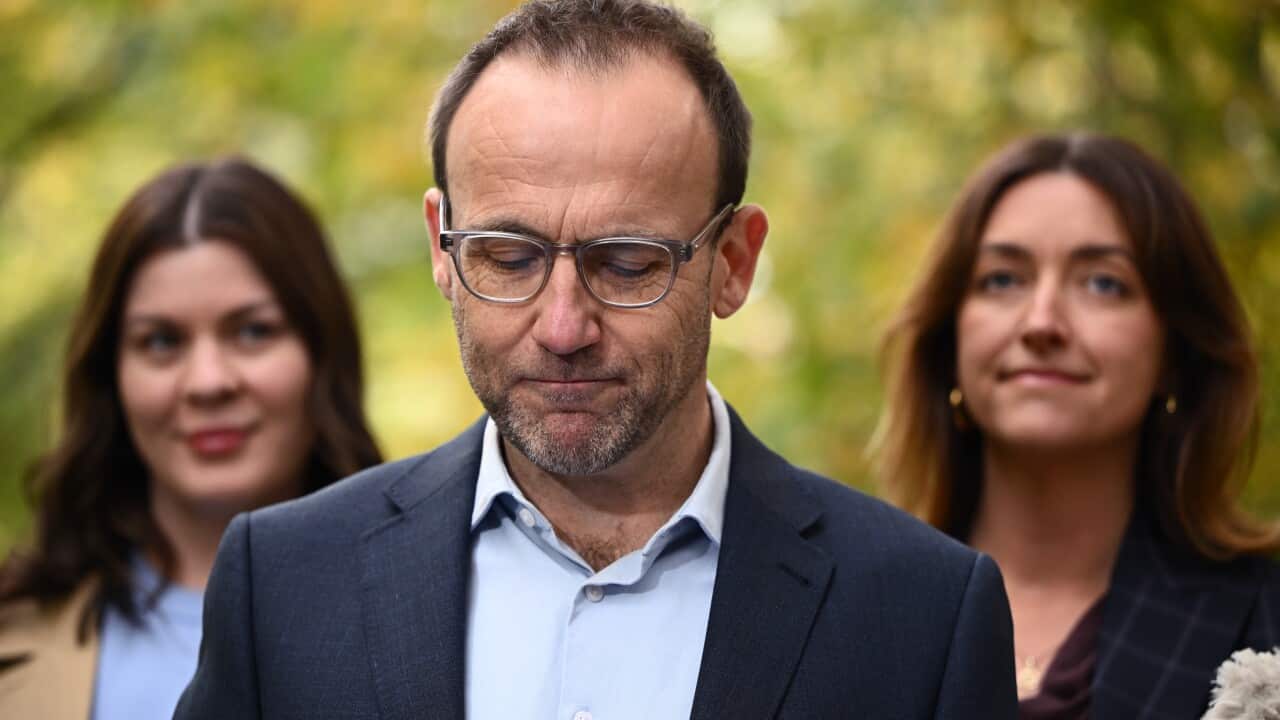 Outgoing Greens leader Adam Bandt at a press conference.