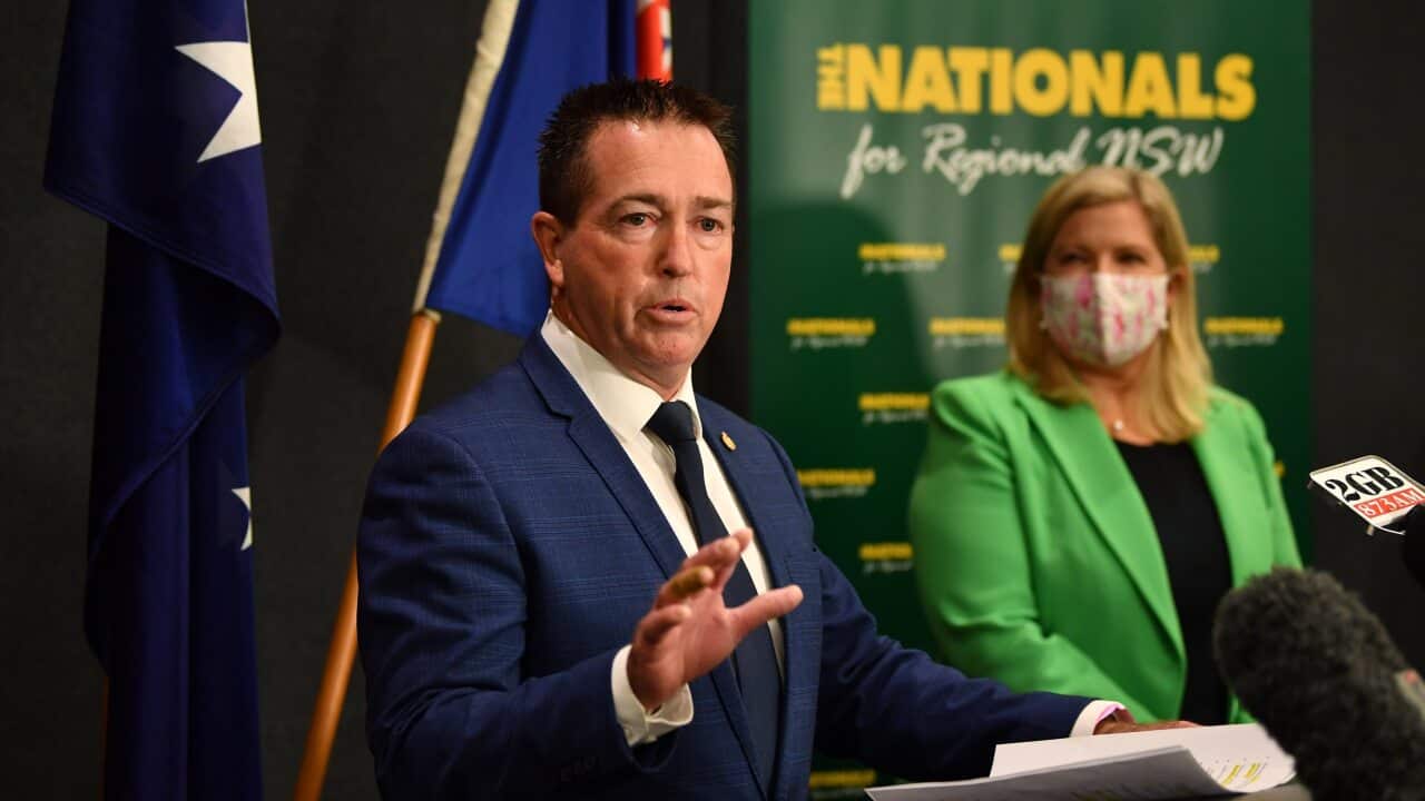 Newly elected NSW Nationals Leader Paul Toole (left) and deputy leader Bronnie Taylor speak to the media at Parliament House.