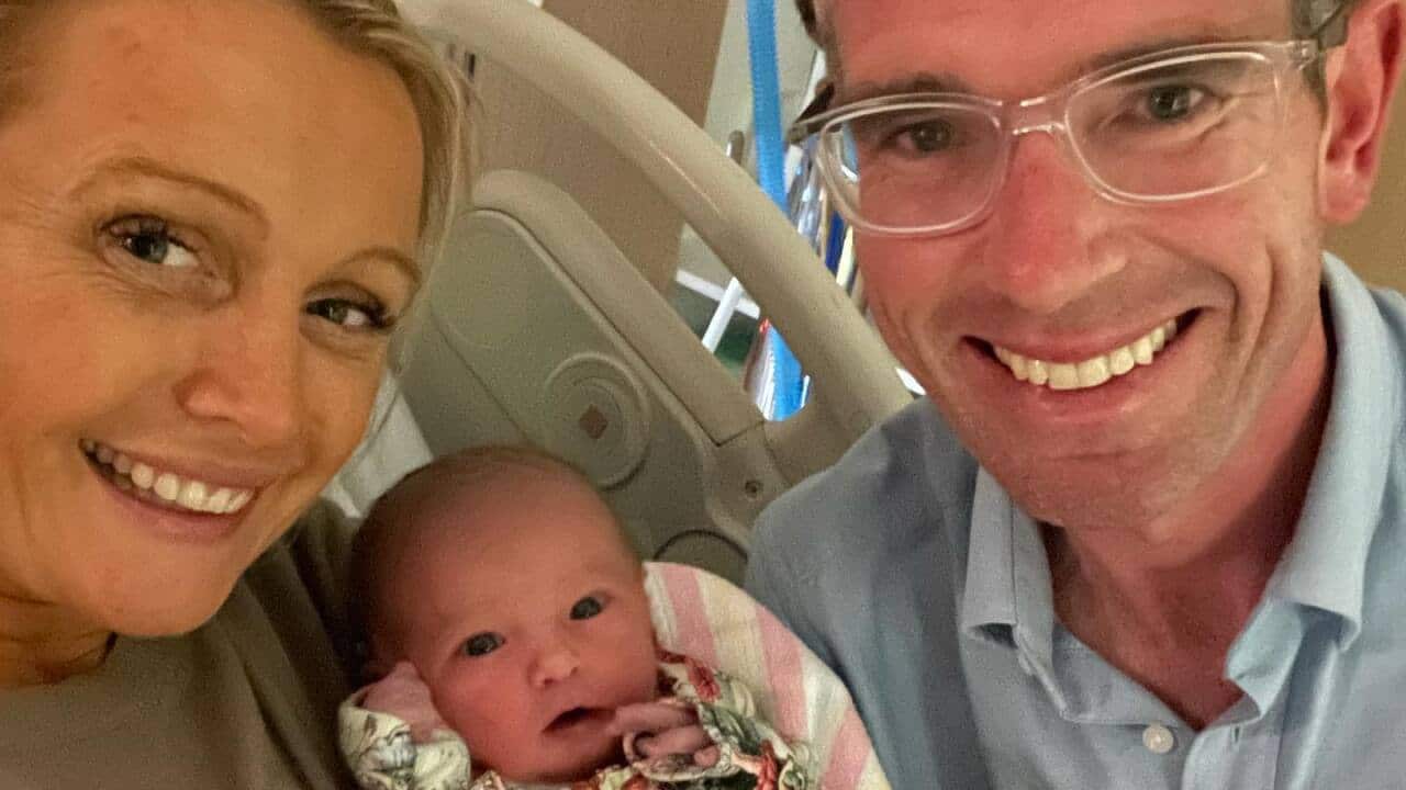 NSW Premier Dominic Perrottet with his wife and newborn child