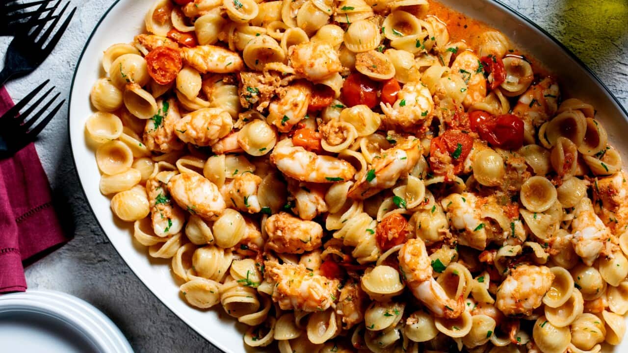 Orecchiette with prawns and herbs
