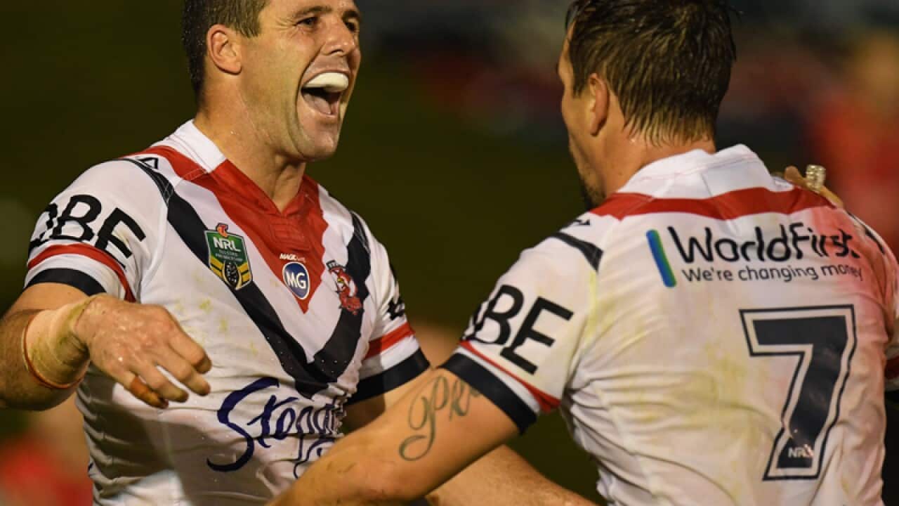 Michael Gordon of the Roosters celebrates his try