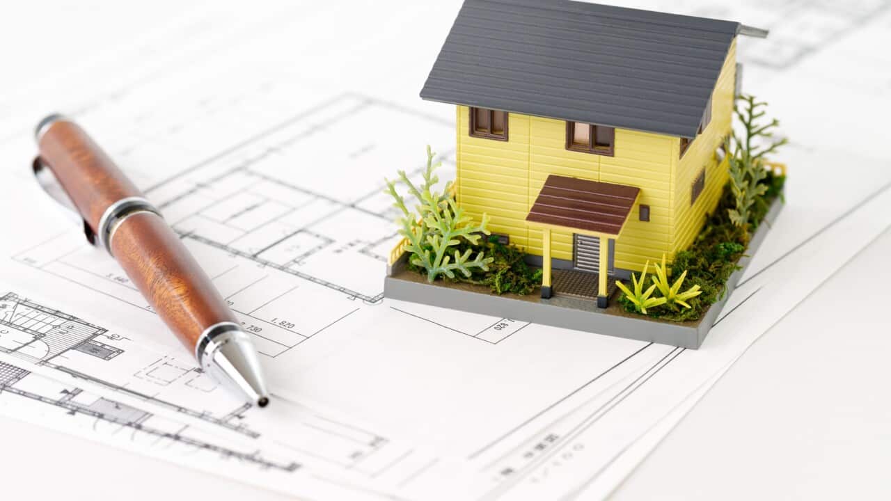 Real estate meetings and blueprints. House model with plants and plants