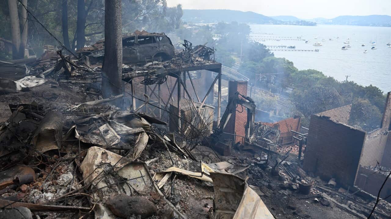 The wreckage of homes and a vehicle after a bushfire, with a bay visible in the background.