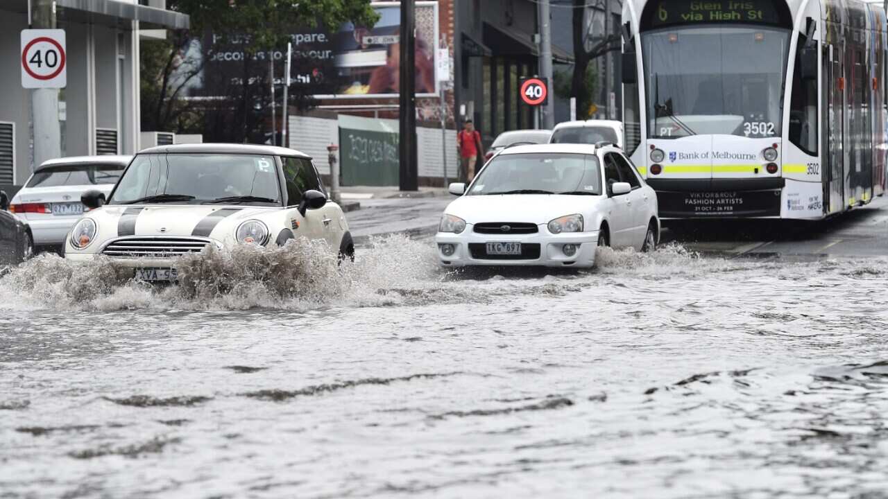 Cars and trams drive through floodwaters.