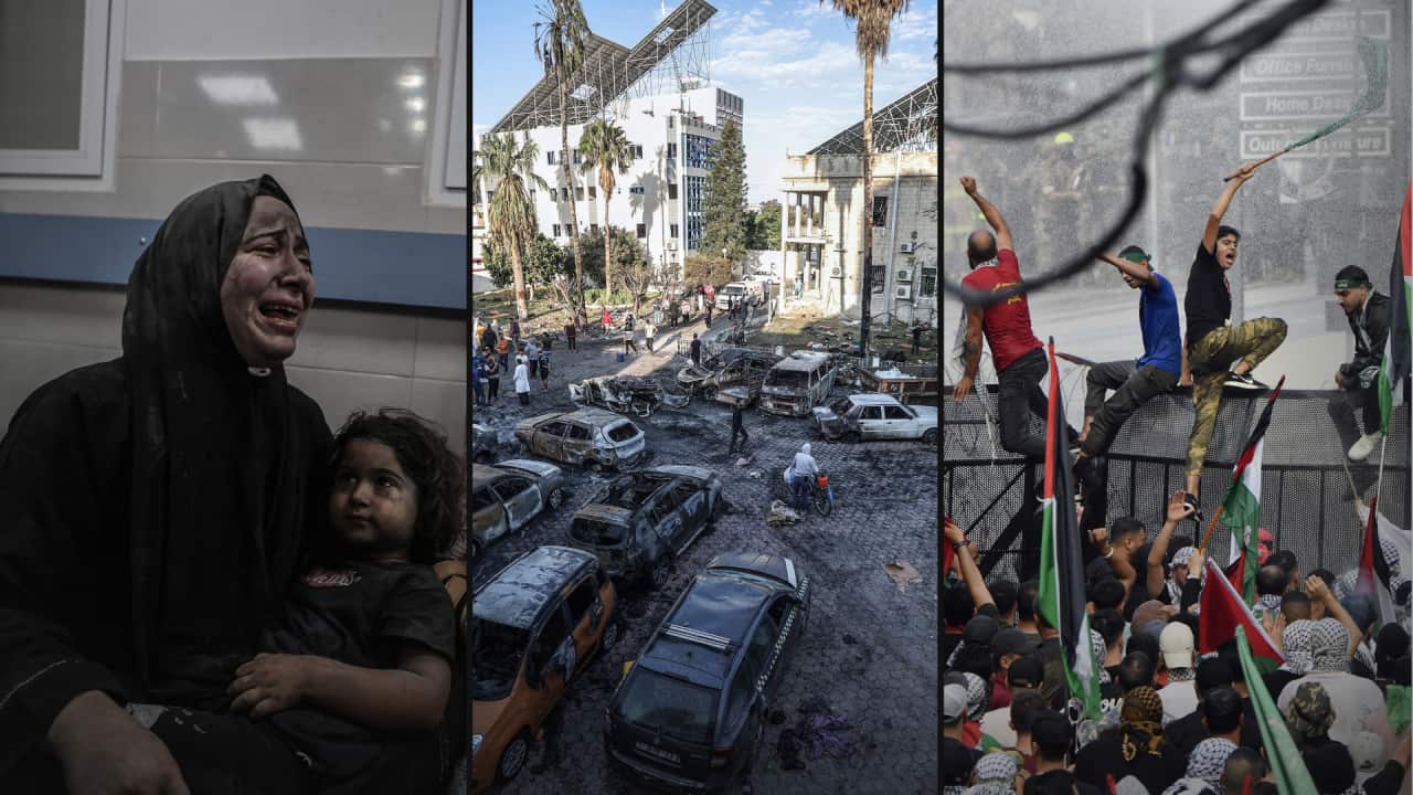 A split image. On the left is a woman crying as she holds her child in a hospital waiting room. In the middle is a damaged building and burnt-out cars. On the right are people protesting, some are holding flags.