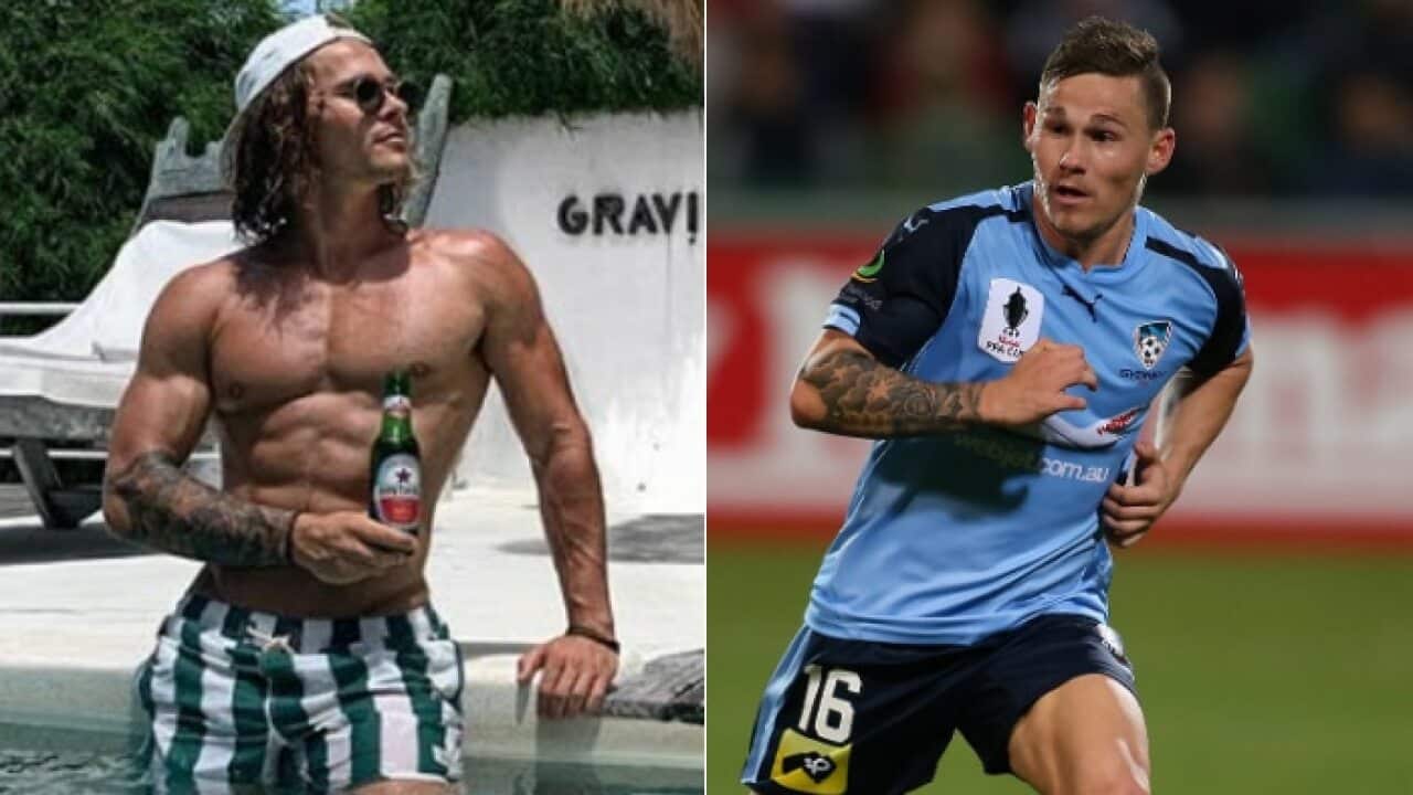 Riley Woodcock today and during his time with Sydney FC in 2015