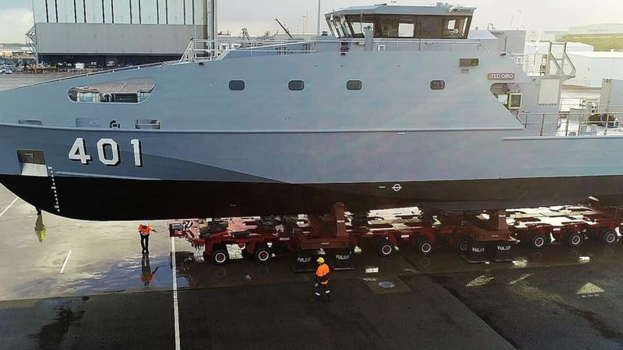 A Guardian Class, Pacific Patrol Boat being launched.