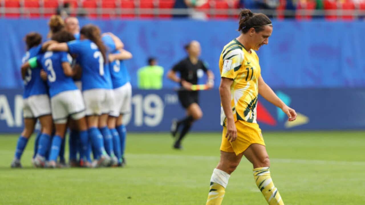 Australia's Lisa De Vanna looks dejected following the Matildas loss to Italy at the 2019 FIFA Women's World Cup (Getty Images)