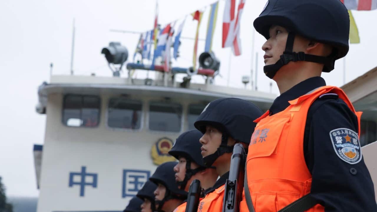 The enforcement personnel participating in the 88th Mekong River joint patrol are seen at Guanlei Port in southwest China's Yunnan Province, Nov. 19, 2019 (Wu Han - Xinhua via Getty Images)