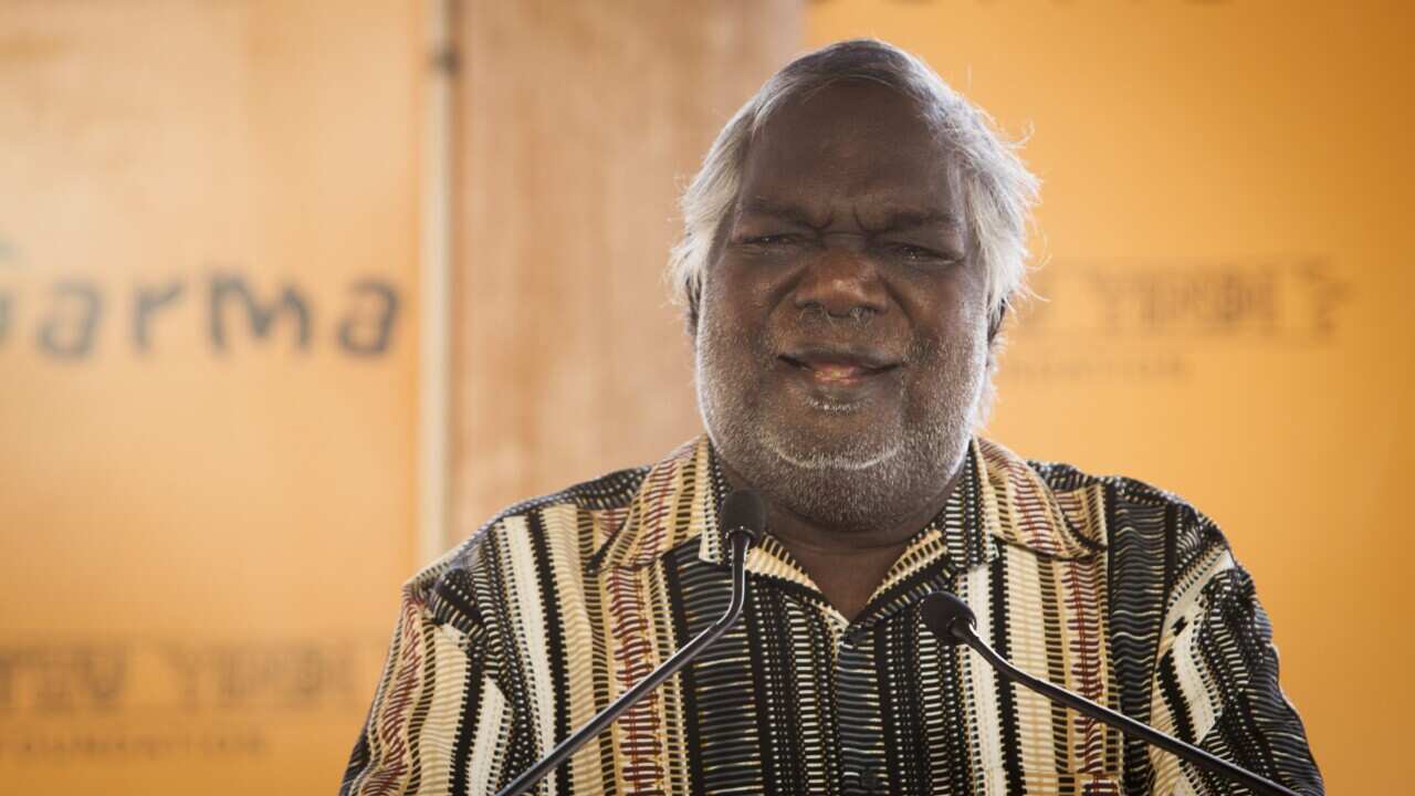 Yothu Yindi Foundation chairman and Gumatj clan leader Galarrwuy Yunupingu speaking about land rights during the Garma Festival 