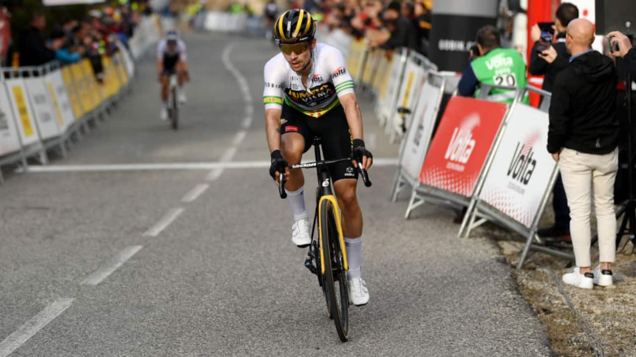 Primoz Roglic of Jumbo-Visma crosses the finish line at the Volta a Catalunya