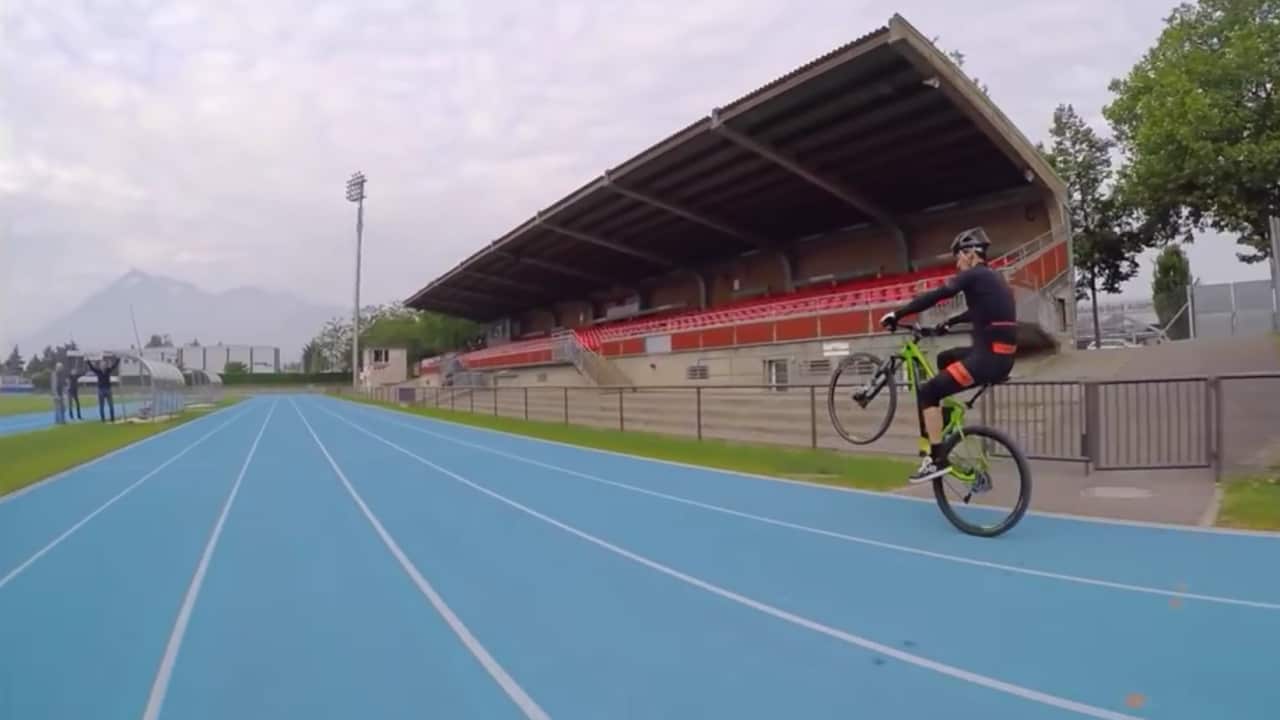 Manuel Scheidegger rides through Stadion Lachen Switzerland on his rear wheel