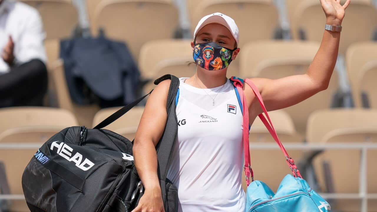 Jun 3, 2021; Paris, France; Ashleigh Barty (AUS) retires during her match against Magda Linette (POL) on day five of the French Open at Stade Roland Garros. Mandatory Credit: Susan Mullane-USA TODAY Sports/Sipa USA/AAP Image