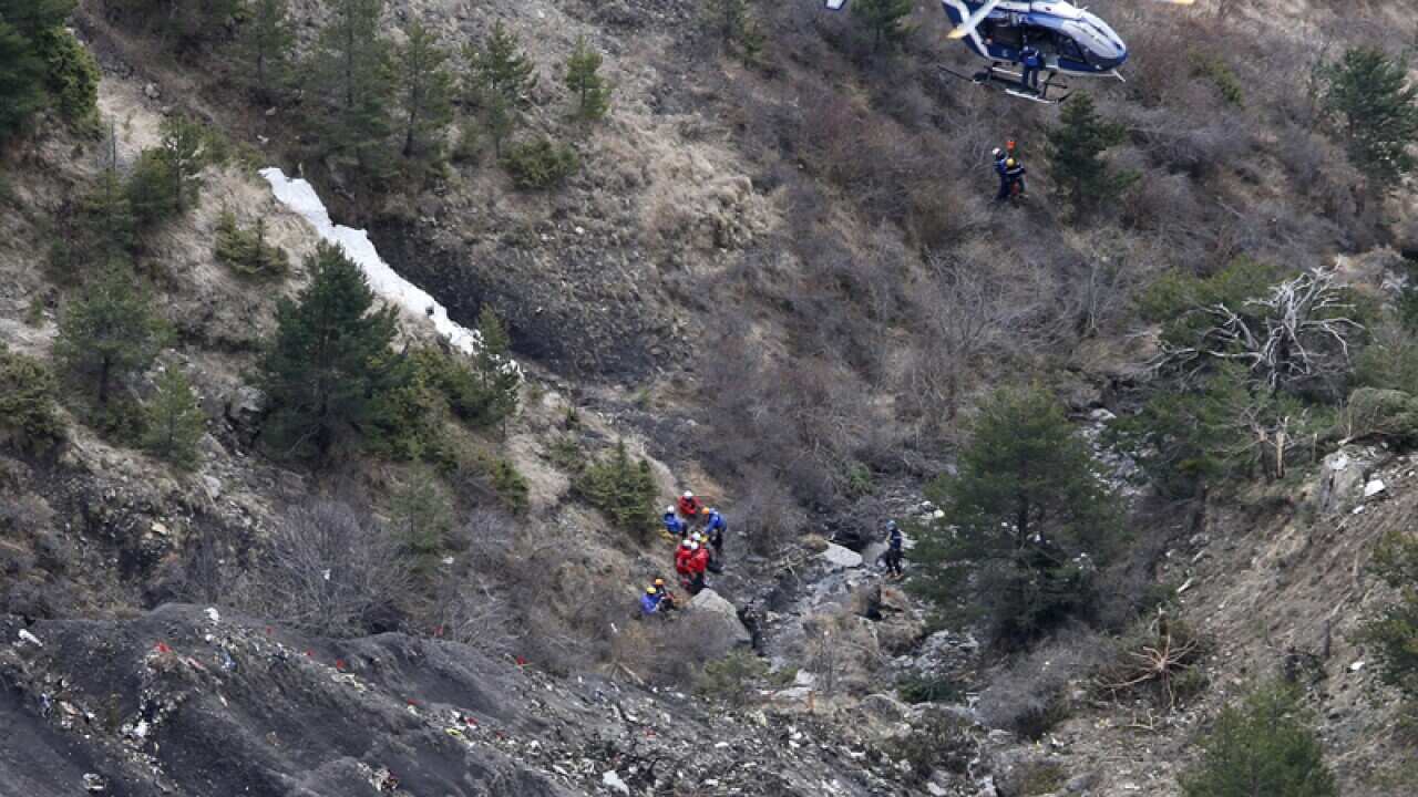 Search workers at the crash site of the Germanwings in the French Alps