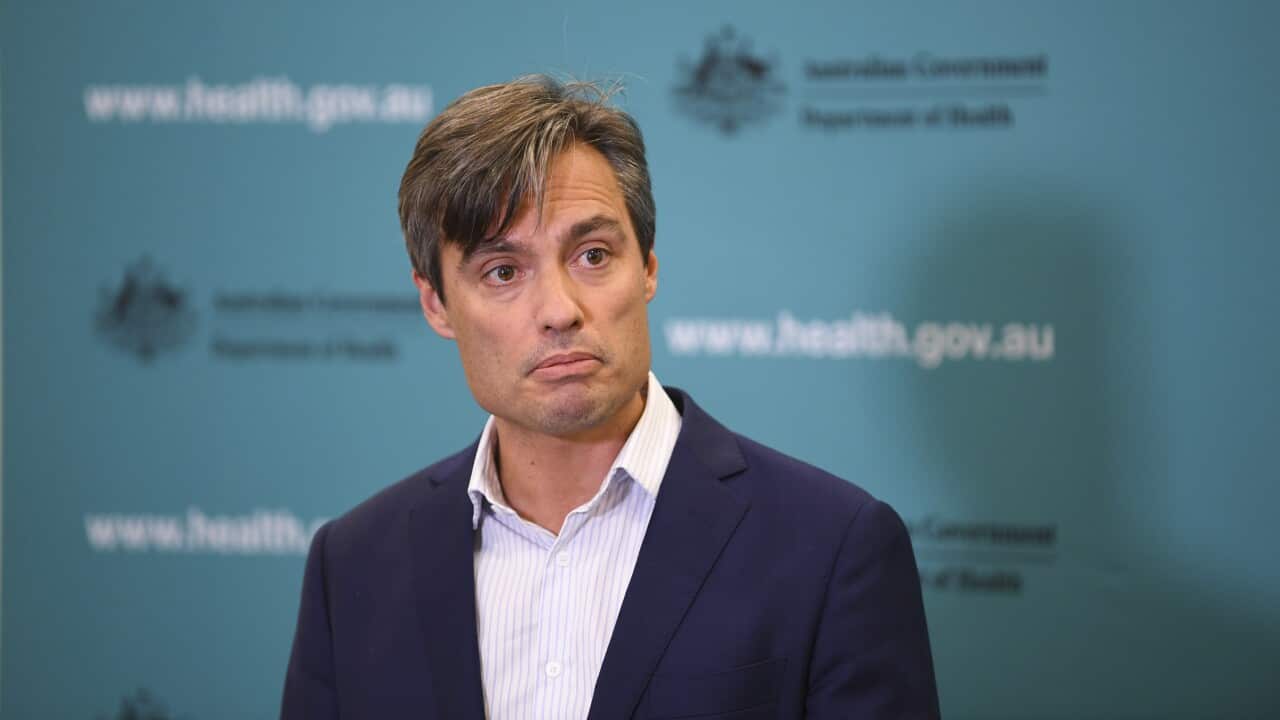 Deputy Chief Medical Officer Dr Nick Coatsworth speaks to the media during a press conference at the Australian Department of Health in Canberra, Monday, April 20, 2020. (AAP Image/Lukas Coch) NO ARCHIVING