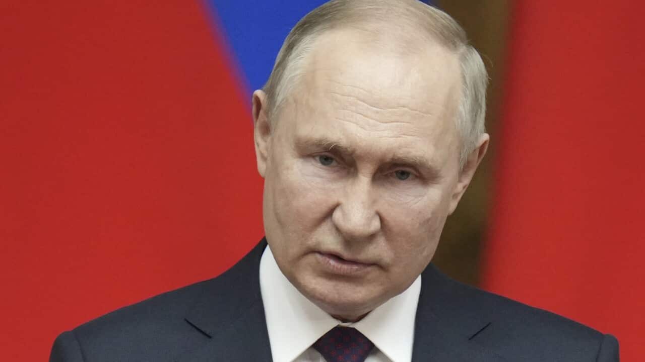 Russian president Vladimir Putin speaking during a televised address