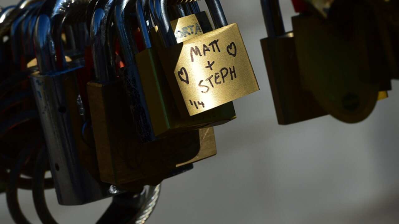 Padlocks hang on the Southbank Foot Bridge in Melbourne