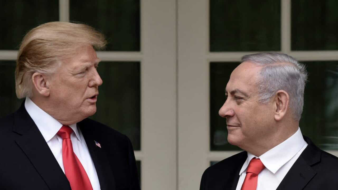 US President Donald Trump greets Israeli Prime Minister Benjamin Netanyahu at the White House