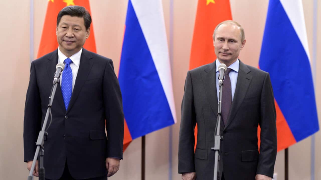 Xi Jinping (L) and Vladimir Putin pose for photos in Sochi