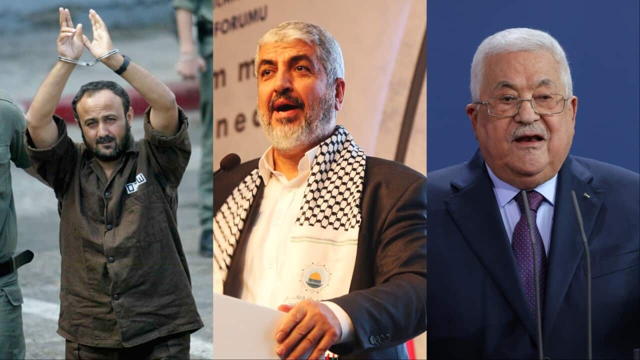 A composite image of three men. The one on the left is handcuffed and has his hands raised, the one in the centre is wearing a muffler around his neck as he speaks at a lectern, and the one on the right is wearing a suit and speaking into microphones.