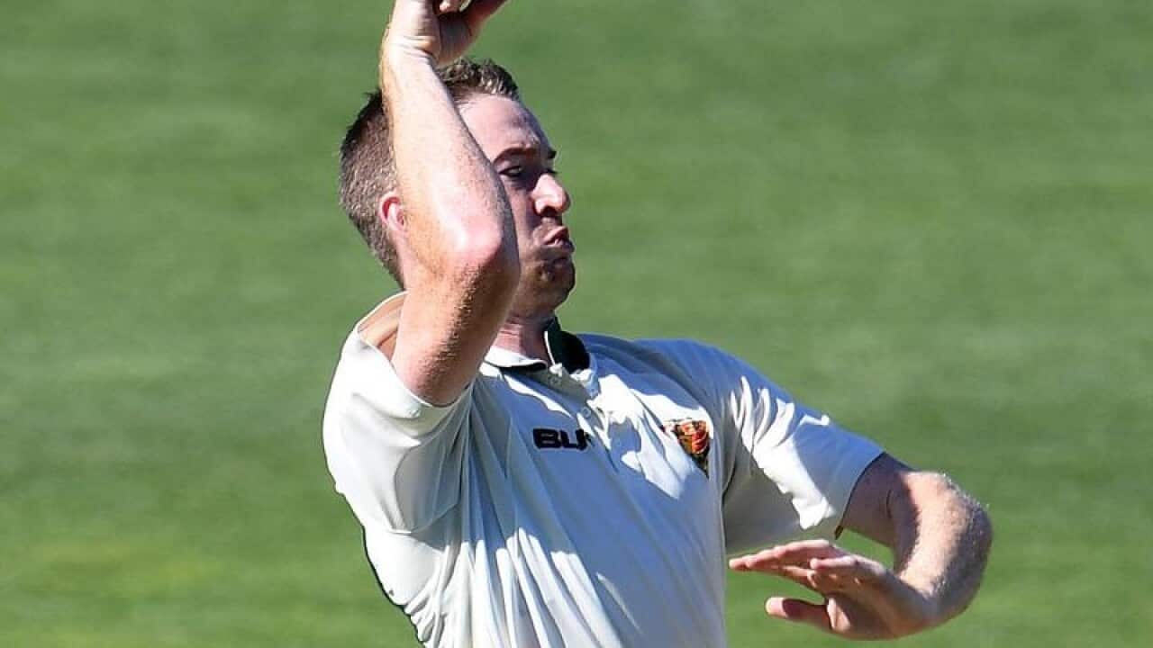 Tom Rogers of Tasmania bowls during a cricket match in Hobart.