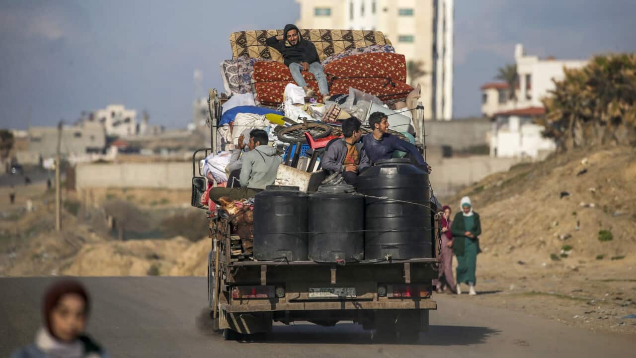 Residents evacuate from Rafah, southern Gaza Strip, 10 February 2024