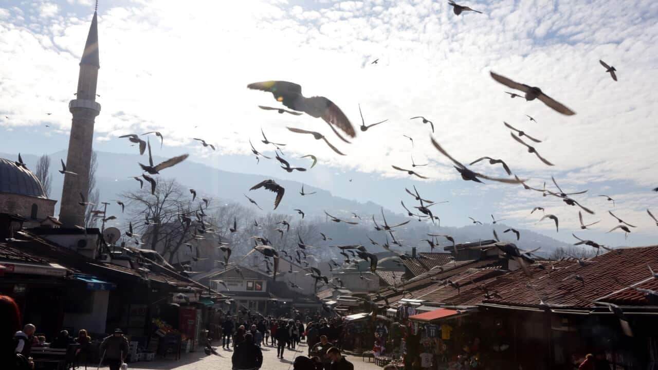 Pigeons fly over the old part of Sarajevo