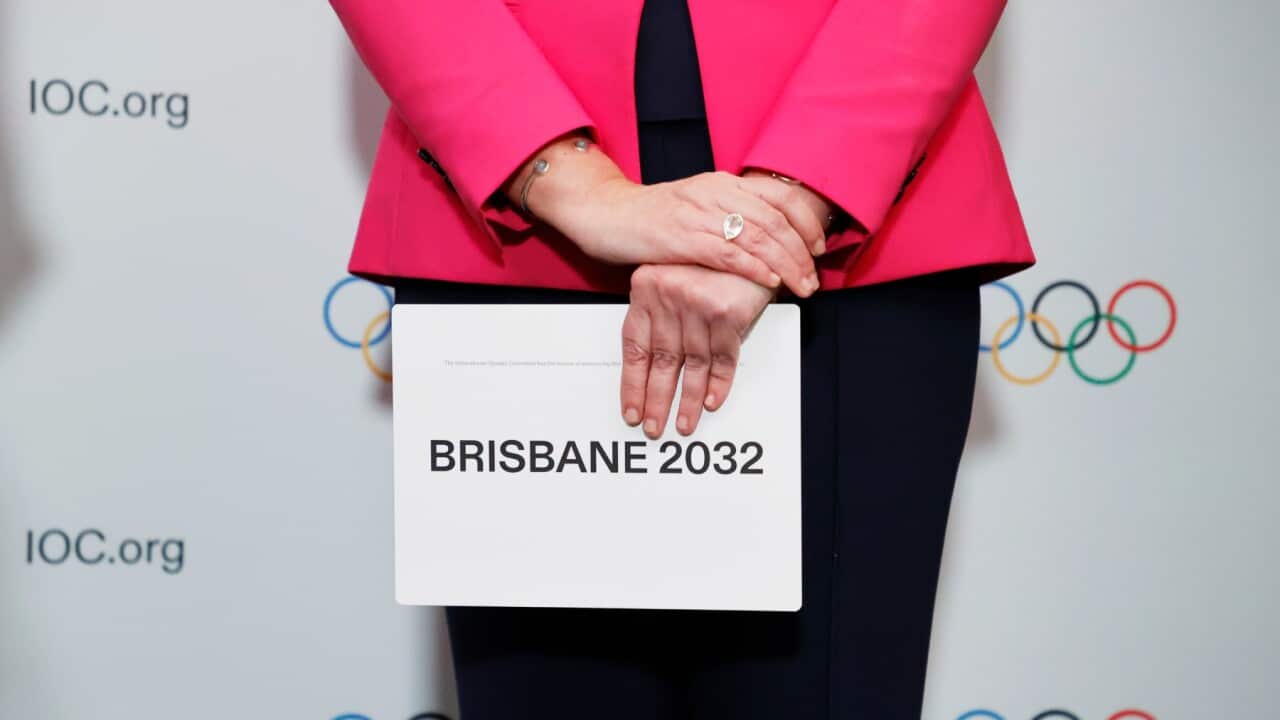 The Honourable Annastacia Palaszczuk MP, Premier of Queensland and Minister for Trade, holds the queue card after Brisbane was announced as the 2032 Summer Olympics host city during the IOC Session at Hotel Okura in Tokyo, Wednesday, July 21, 2021.