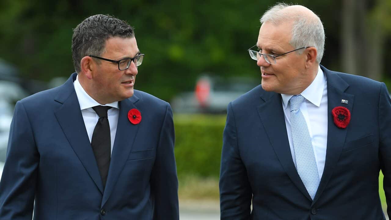 Victorian Premier Daniel Andrews and Prime Minister Scott Morrison arrive at the Shrine of Remembrance, in Melbourne
