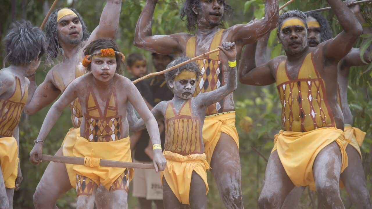 Ceremonial dance during the Garma Festival in northeast Arnhem Land, Northern Territory, Friday, July 29, 2022. The push to get an Indigenous voice in federal parliament is expected to be a key theme at this weekends Garma Festival in northeast Arnhem Lan