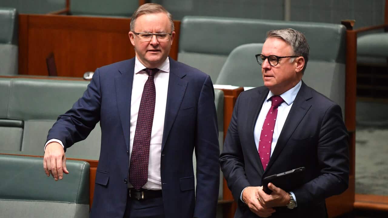 Opposition leader Anthony Albanese and former Shadow Minister for Agriculture Joel Fitzgibbon in the House of Representatives at Parliament House in Canberra.