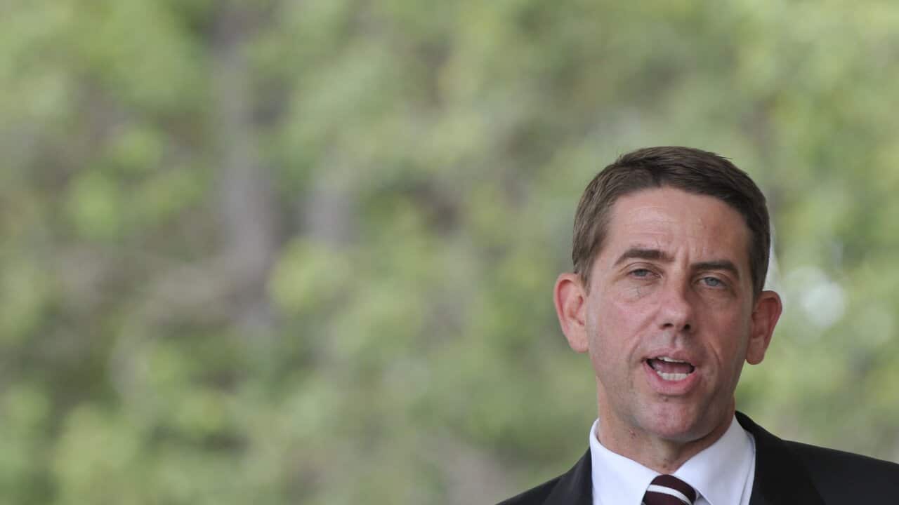 Cameron Dick speaks at a news conference after the opening of Murrumba State Secondary College in Brisbane, Monday, Jan. 23, 2012. AAP Image/John Pryke) NO ARCHIVING