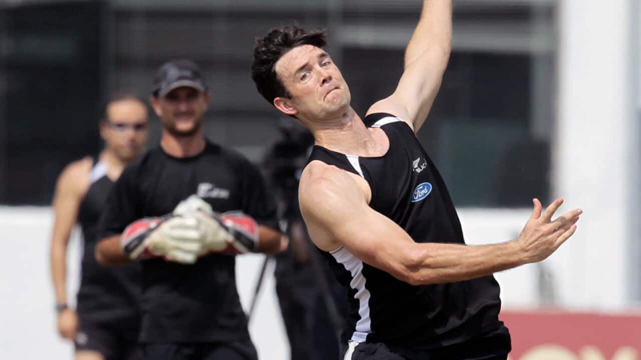 New Zealand's James Franklin bowls during a practice session in Galle