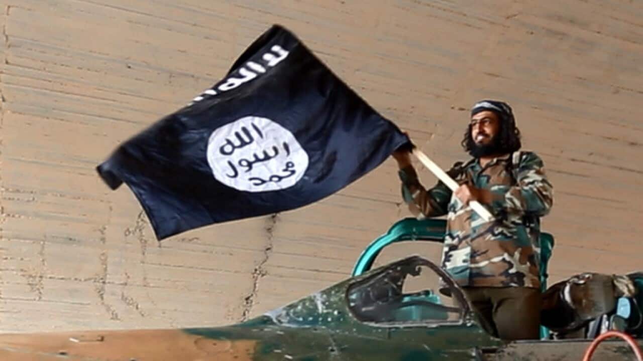 A man in army fatigues waves the IS flag.