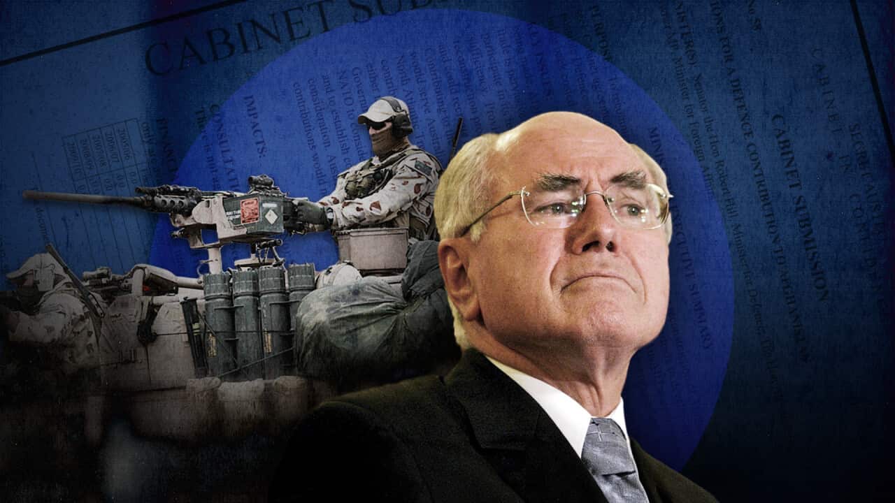 A stylised image of John Howard looking stern and an Australian special forces soldier firing a weapon.
