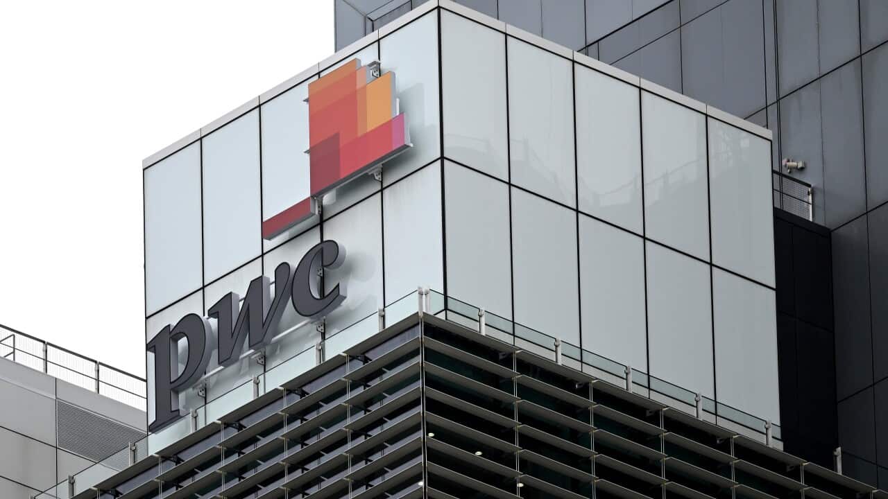 Picture of a PwC logo on a building.