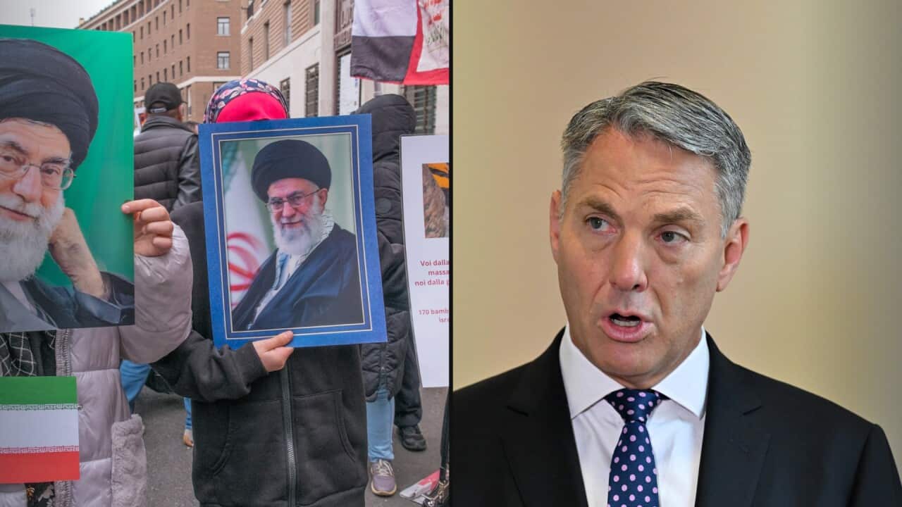 A two-way header image showing a demonstration against the US attack on Iran alongside Defence Minister Richard Marles