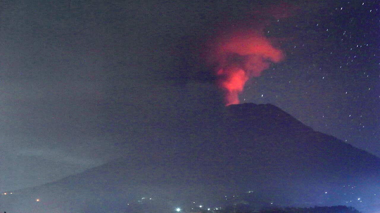 A view of the Mount Agung volcano erupting, in Karangasem, Bali island, Indonesia, early Sunday, November 26, 2017.
