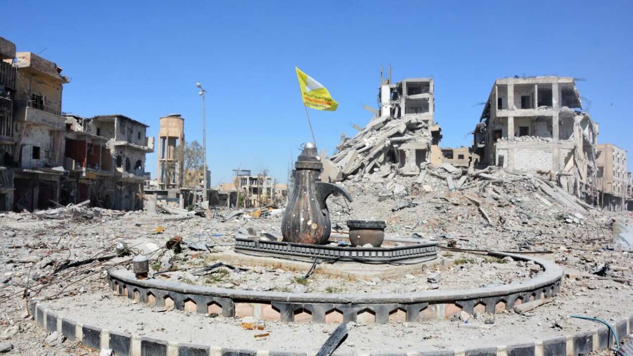 A view of the Al-Na'im roundabout after its liberation in central Al-Raqqa, Syria, 18 October 2017 (issued 19 October 2017).