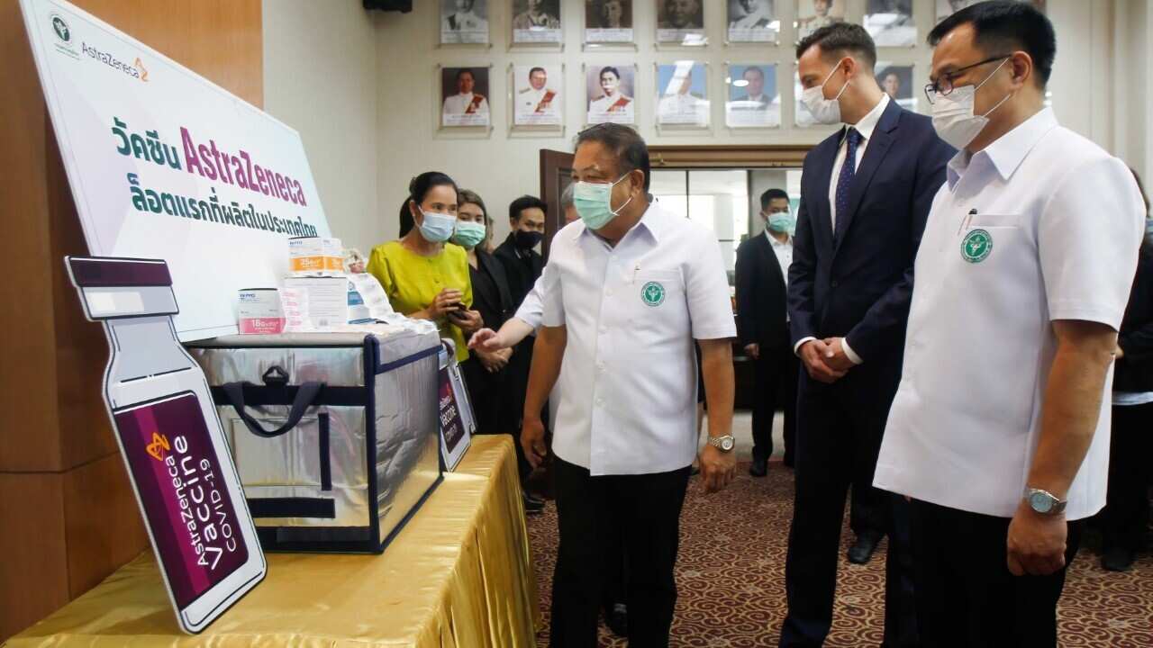 Thailand's Health Minister Anutin Charnvirakul and senior officials receive the first 1.8 million doses of AstraZeneca's Covid-19 vaccine produced by Siam Bioscience (AAP Image - Chaiwat Subprasom - SOPA Images - Sipa USA)