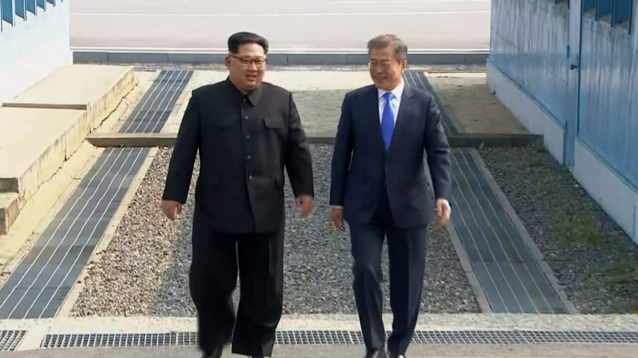 North Korean leader Kim Jong Un, left, and South Korean President Moon Jae-in.